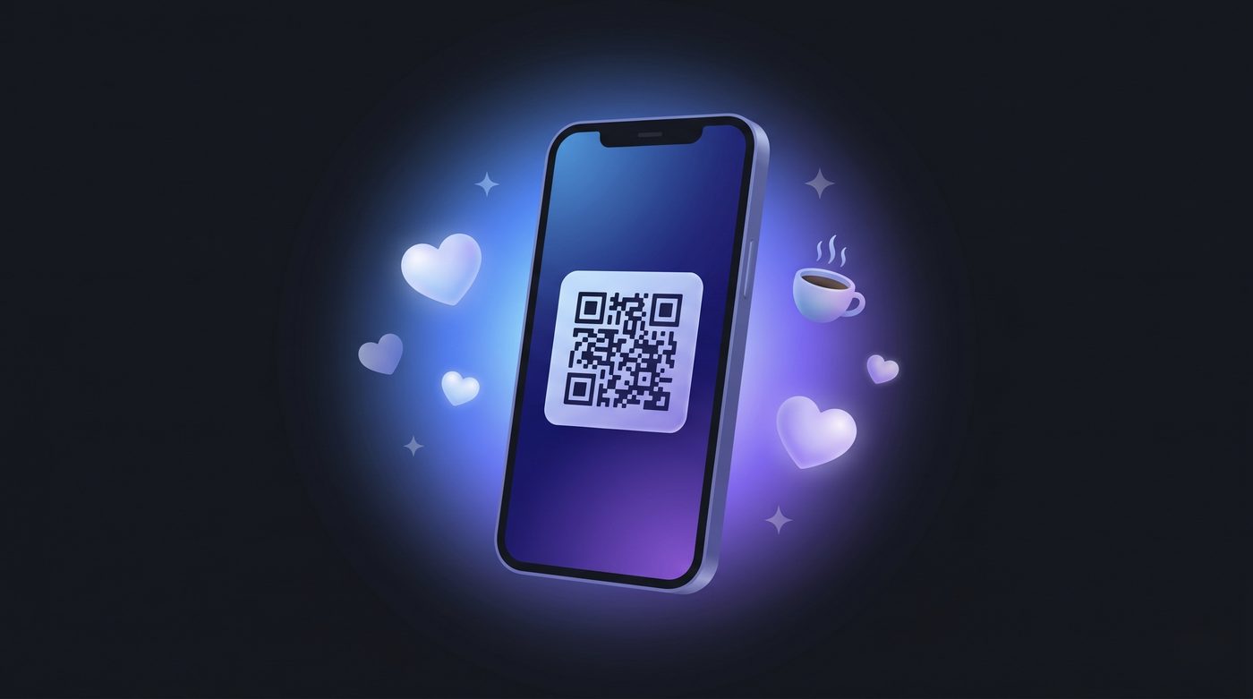 A smartphone showing a QR code on a blue-purple wallpaper, surrounded by hearts and a coffee cup